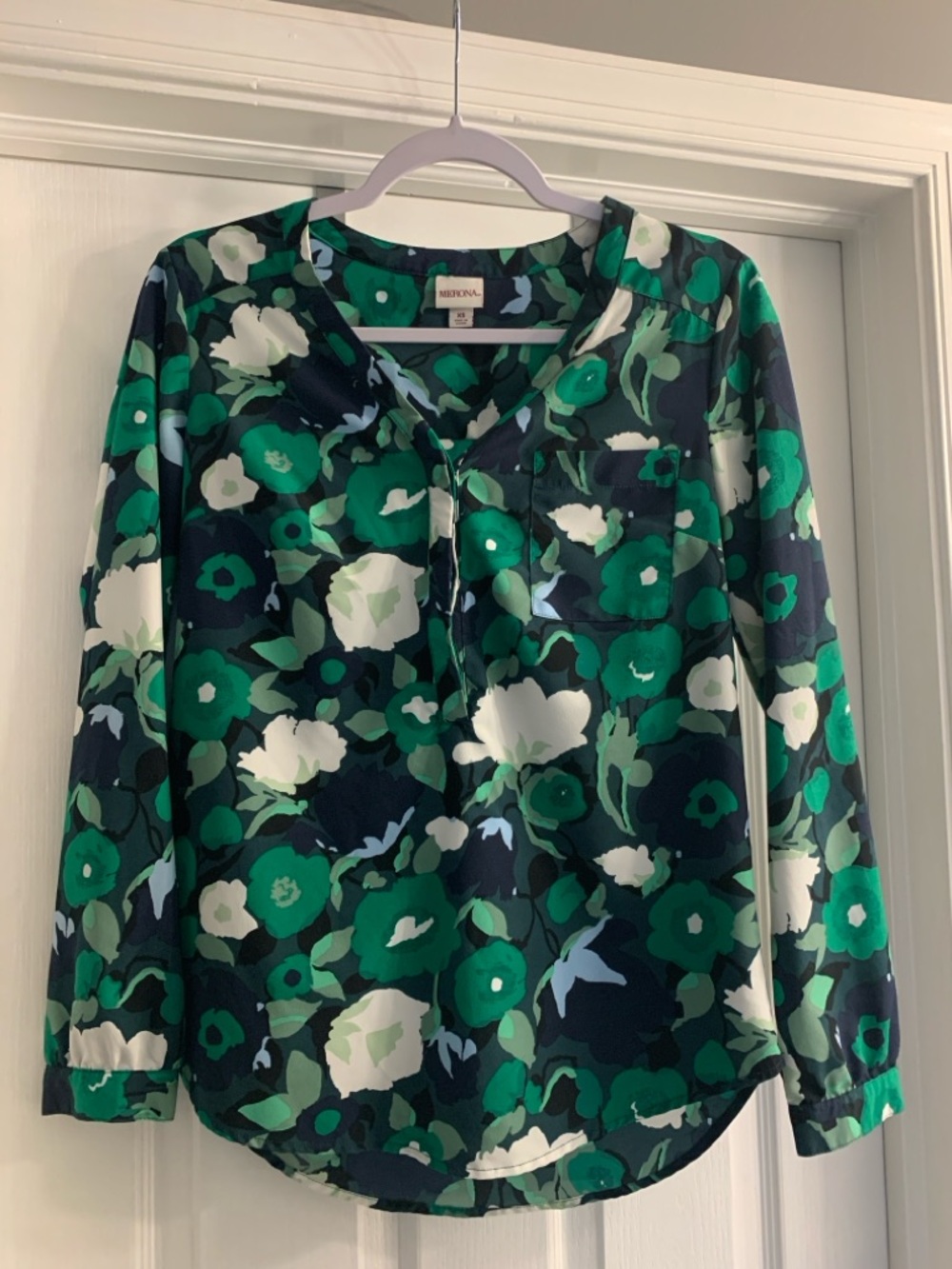 Merona Navy and Green Floral Blouse